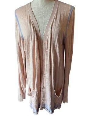 CAbi Peach Long V-Neck Button Cardigan with Pale Blue Trim